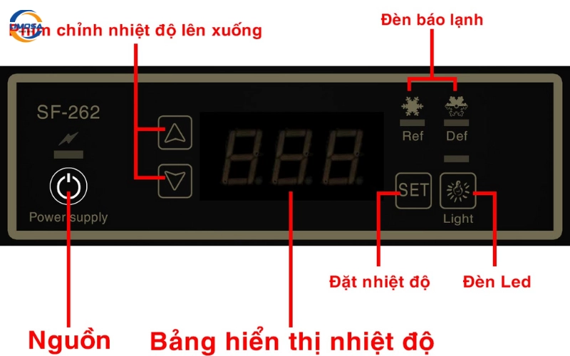 Các nút chức năng của bảng hiển thị nhiệt độ ở tủ mát