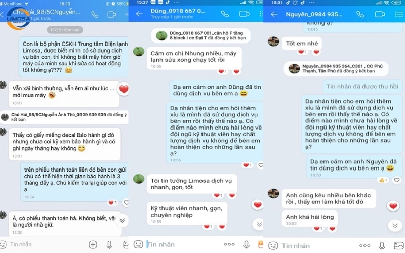 Những phản hồi của khách hàng về dịch vụ sửa chữa của Điện Lạnh Limosa
